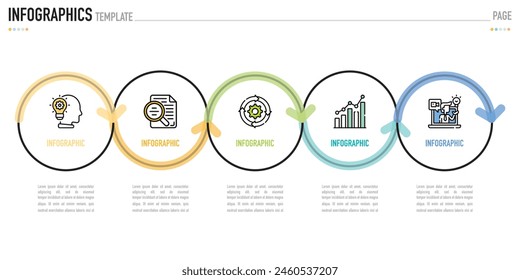 Circular linear infographic template or element with 5 step, process, option, colorful connected circle, label, shadow, minimal style for sale slide, agenda, schedule, flowchart, workflow, calendar