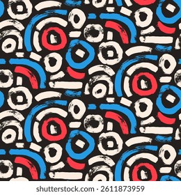 Circular lines brush seamless pattern. Paint stroke endless background. Abstract curved shapes textured repeat Surface pattern design geometric motif. Vector hand drawn flat illustration.