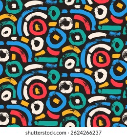 Circular lines brush seamless pattern. Paint stroke endless background. Abstract curved shapes textured repeat Surface pattern design geometric motif. Vector hand drawn flat illustration.