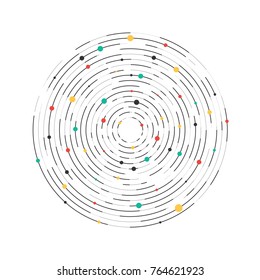 Circular Lines And Color Dots. Abstract Technology Background. Geometric Element, Concentric, Radiating Circles, Vortex. Vector Illustration