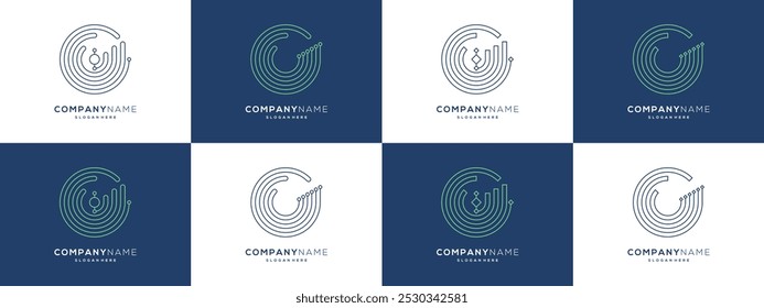 Circular lines dot connection with chart growth logo design ideas. Minimalist outline vector illustration based icon template	
