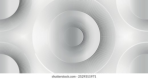 Circular lines geometric background in abstract style. Modern line art illustration with black circular concentric on halftone design template. 