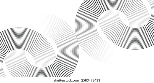 Circular lines geometric background in abstract style. Modern line art illustration with black circular concentric on halftone design template.