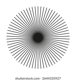 Circular lines simple element. Radial circle lines pattern. Symbol of Sun star rays flat icon. Design trendy sample. Spokes with radiating stripes. Abstract illusion geometric black shape.