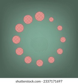 Circular loading sign. Apricot Icon with Brick Red parquet floor graphic pattern on a Ebony background. Feldgrau. Green. Illustration.