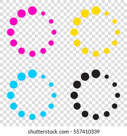 Circular loading sign. CMYK icons on transparent background. Cyan, magenta, yellow, key, black.