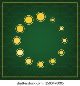 Circular loading sign. Golden icon with gold contour at dark green gridded white background. Illustration.