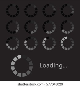 Circular loading sign, gray isolated on black background, vector illustration.