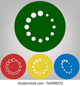 Circular loading sign. Vector. 4 white styles of icon at 4 colored circles on light gray background.