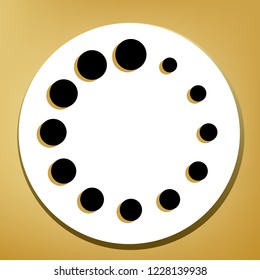 Circular loading sign. Vector. Black icon with light brown shadow in white circle with shaped ring at golden background.