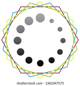 Circular loading sign. Vector. Black icon with patch of light inside colorful hexagonal frames at white background.