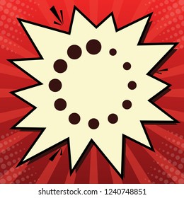 Circular loading sign. Vector. Dark red icon in lemon chiffon shutter bubble at red popart background with rays.