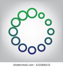 Circular loading sign. Vector. Green to blue gradient contour icon at grayish background with light in center.