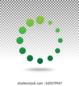 Circular loading sign. Vector. Green gradient icon with shadow at bottom on transparent and white background.