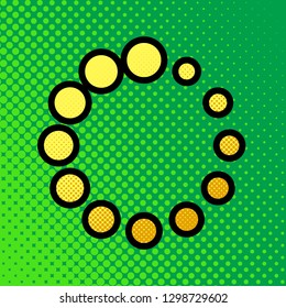 Circular loading sign. Vector. Pop art orange to yellow dots-gradient icon with black contour at greenish background.
