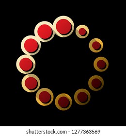 Circular loading sign. Vector. Red icon with small black and limitless shadows at golden sticker on black background.