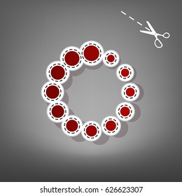 Circular loading sign. Vector. Red icon with for applique from paper with shadow on gray background with scissors.