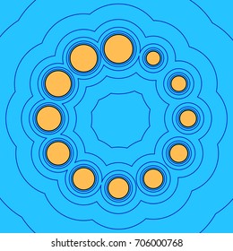 Circular loading sign. Vector. Sand color icon with black contour and equidistant blue contours like field at sky blue background. Like waves on map - island in ocean or sea.