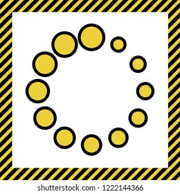 Circular loading sign. Vector. Warm yellow icon with black contour in frame named as under construction at white background. Isolated.