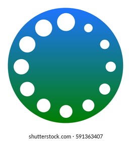 Circular loading sign. Vector. White icon in bluish circle on white background. Isolated.