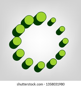 Circular loading sign. Vector. Yellow green solid icon with dark green external body at light colored background.