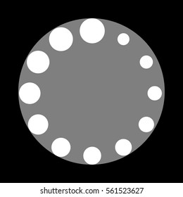 Circular loading sign. White icon in gray circle at black background. Circumscribed circle. Circumcircle.