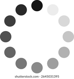 Circular loading symbol featuring twelve dots, gradually fading from black to light gray, illustrating an ongoing process, progress, or buffering in digital applications and interfaces