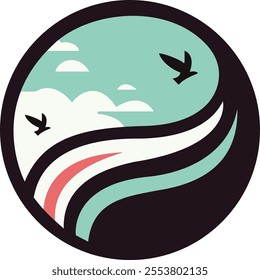 a circular logo with a bird flying over the clouds