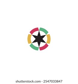 A circular logo with a black star in the center and colorful segments surrounding it.