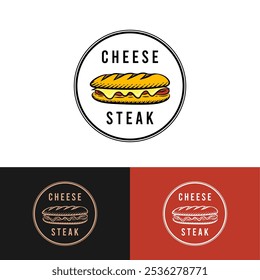 A circular logo for "Cheese Steak Factory" featuring a bold cheese steak illustration at the center, surrounded by the brand name in a strong, classic typeface for an inviting, memorable look.