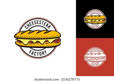 A circular logo for "Cheese Steak Factory" featuring a bold cheese steak illustration at the center, surrounded by the brand name in a strong, classic typeface for an inviting, memorable look.