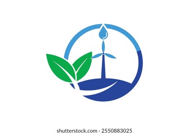 A circular logo combining a leaf, a water droplet, and a wind turbine to symbolize harmony in nature and renewable energy. Ideal for businesses focusing on sustainability and eco-conscious branding.