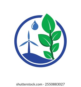 A circular logo combining a leaf, a water droplet, and a wind turbine to symbolize harmony in nature and renewable energy. Ideal for businesses focusing on sustainability and eco-conscious branding.