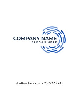 A circular logo with a concentric pattern of blue lines, resembling fingerprint ridges. for industry in the technology, innovation, or security sectors. blue color convey intelligence, and stability