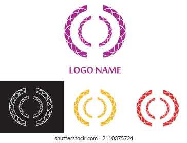 Circular logo decorated with white stripes. 