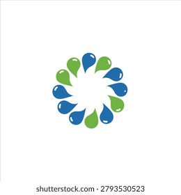 Circular logo design with blue and green water droplets forming a flower-like pattern