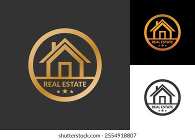 A circular logo design featuring a house icon and the words real estate, signifying a real estate company.