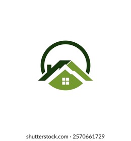 A circular logo design featuring a house and mountain silhouette