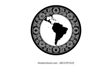 A circular logo design featuring a silhouette map of South America enclosed within a detailed, ornate decorative border with floral motifs.