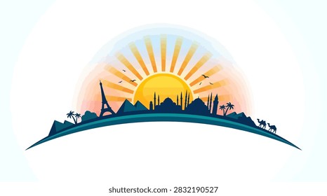 A circular logo design featuring a silhouette of global landmarks including the Eiffel Tower under a vibrant sunburst on a curved horizon line.