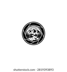 A circular logo design featuring a stylized mountain range forest and a small deer inside a camera lens aperture symbol in black and white.