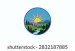 A circular logo design featuring a sunrise over rolling green hills mountains pine trees and a flowing river in a stylized artistic manner