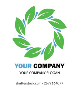 Un diseño de logotipo circular con hojas verdes vibrantes entrelazadas con acentos azules, que simbolizan el crecimiento, la naturaleza y la conciencia ambiental. Perfecto para marcas ecológicas.