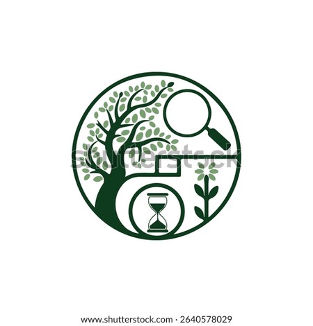 Circular logo design illustrating a tree, magnifying glass, hourglass, and a plant.  Isolated on white background.  Symbolizes growth, time, and research.