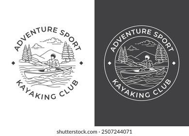 Un diseño de logotipo circular para un club de kayak, con un kayakista remando en un río con una escena de montaña y bosque en el fondo.