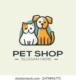 Un diseño de logotipo circular para una tienda de mascotas, con una ilustración de dibujos animados minimalista de un perro terrier marrón y blanco y un gato blanco esponjoso sentado lado a lado. 