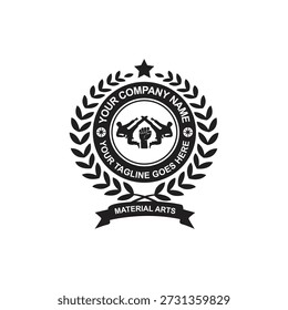 A circular logo emblem with swoosh around featuring kickboxing and martial arts silhouettes with customizable text flat vector illustration design isolated on a white background.