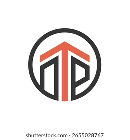 Um logotipo circular contendo as letras estilizadas "T" e "P" em laranja e preto, criando uma seta para cima ou uma estrutura semelhante a uma casa
