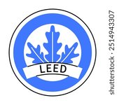 Circular logo features a blue leaf emblem and a white banner reading LEED on a blue background. Ideal for sustainability, green building, environmental certification, eco-friendly practices, and arc