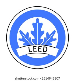 El logotipo circular presenta un emblema de hoja azul y un Anuncio blanco que lee LEED sobre un fondo azul. Ideal para la sostenibilidad, la construcción ecológica, la certificación ambiental, las prácticas ecológicas y el arco